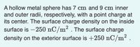 A hollow metal sphere has 7 cm and 9 cm inner
and outer radii, respectively, with a point charge at
its center. The surface charge density on the inside
2
surface is –250 nC/m² . The surface charge
density on the exterior surface is +250 nC/m² .
