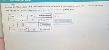 Interconverting ka and pka
Complete the following table, which lists information about the measured acid dissociation constants of three unknown weak acids.
Note: be sure each number you put in the table has the correct number of significant digits.
acid
A
B
C
Ka
3.27 x 10
-9
4,6 X 10
-4
pk
0
5.3
10
relative strength
(Choose one)
(Choose one)
(Choose one)
X