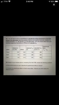 all TEW
3:40 PM
9 98%
IQ1. You will need to set up a spreadsheet to calculate the surface temperature of the three
planets in the table below, assuming radiative balance and a perfect blackbody radiation for
cooling (emissivity = 1). We call this Teg in the table below. Fill in the values below from your
individual assignment instructions on Canvas and calculate Tg-
Greenhouse
observed T. calculated Ta effect
(K) for e=1
distance to
planet
sun (AU)
Tut - Ta
albedo
(K)
Venus
0.81
0.62
740
260
Earth
1.00
0.29
288
250
Mars
1.52
0.16
244
20
IQ2. Based on your answers above, comparing Tsurf with TBB, answer the following questions
a) What words would you use to describe the greenhouse effect on Venus?
b) Compare the greenhouse effect on Earth versus Mars. What do you think makes the
difference here?
