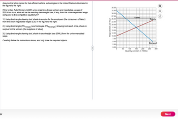 or
Assume the labor market for fuel-efficient vehicle technologies in the United States is illustrated in
the figure to the right.
If the United Auto Workers (UAW) union organizes these workers and negotiates a wage of
$25.00 an hour, what will be the resulting deadweight loss, if any, from the union-negotiated wage
compared to the competitive equilibrium?
1.) Using the triangle drawing tool, shade in surplus for the employers (the consumers of labor)
from the union-negotiated wages (CS) in the figure to the right.
2.) Using the triangle (PSTriangle) and rectangle (PS Rectangle) drawing tools each once, shade in
surplus for the workers (the suppliers of labor).
3.) Using the triangle drawing tool, shade in deadweight loss (DWL) from the union-mandated
wage.
Carefully follow the instructions above, and only draw the required objects.
G
Wage (dollars per hour)
35.00-
32.50-
30.00-
27.50-
25.00-
22.50-
20.00-
17.50-
15.00-
12.50-
10.00-
7.50-
5.00-
2.50-
0.00+
O
50
Union
100 150 200
Quantity (workers in 1000s)
Supply
Demand
250
300
Next