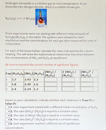 Dinitrogen tetraoxide is a colorless gas at room temperature. It can
dissociate into nitrogen dioxide, which is a reddish brown gas.
N204(g)= 2 NO2(g)
Three experiments were run starting with different initial amounts of
N2O4(g) ([N2O40 in the table). The systems were allowed to reach
equilibrium and the concentrations for each gas were measured (in units of
moles/Liter).
For each of the boxes below, calculate the ratios indicated by the column
heading. This will show the mathematical relationship that exists between
the concentrations of NO2 and N2O4 at equilibrium.
Be sure to round to the correct number of significant figures.
Exp [N204]0 [NO2] [N204]
[NO2] /
[N204]
2 [NO2] /
[N204]
[NO2]²/
[N204]
1
3.7
2.92 2.2
2
2.8
2.49
1.6
3 2.4
2.24 1.3
Based on your calculations, indicate whether each statement is True (T) or
False (F):
1. Each experiment started with a different initial concentration of N2O4-
2. The ratio ([NO2]/[N204]) is equal to a constant value.
3. The ratio (2 [NO2]/[N2O4]) is equal to a constant value.
4. The ratio ([NO2]/[N204]) is equal to a constant value.
5. Each experiment reached a different set of equilibrium
concentrations.