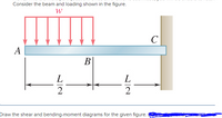 The diagram displays a horizontal beam subjected to a uniformly distributed load, labeled as \( W \), applied over its entire length. The beam is fixed at point \( C \), and the load is represented by downward arrows evenly spaced across the beam's length.

Key points on the beam:
- Point \( A \) (left end of the beam).
- Point \( B \) (midpoint of the beam).
- Point \( C \) (right end, where the beam is fixed to a support).

The beam is divided into two equal segments, each of length \( \frac{L}{2} \), where \( L \) is the total length of the beam.

Task:
Draw the shear force and bending moment diagrams for this beam configuration. The load \( W \) and the fixed nature of the support at \( C \) will influence the shape and values on these diagrams.