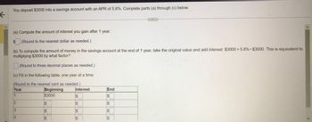 ←
4
You deposit $3000 into a savings account with an APR of 5.8%. Complete parts (a) through (c) below.
(a) Compute the amount of interest you gain after 1 year.
$ (Round to the nearest dollar as needed.)
(b) To compute the amount of money in the savings account at the end of 1 year, take the original value and add interest: $3000 +5.8% $3000. This is equivalent to
multiplying $3000 by what factor?
(Round to three decimal places as needed.)
(c) Fill in the following table, one year at a time:
(Round to the nearest cent as needed.)
Year
Beginning
$3000
1
2
3
4
$
CA
S
CA
CA
S
Interest
$
SA
$
CA
SA
$S
End
SA
$
$
SA
CA
S