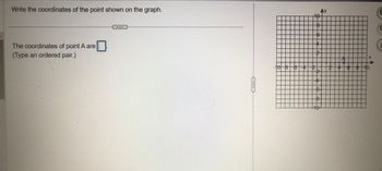 Write the coordinates of the point shown on the graph.
The coordinates of point A are
(Type an ordered pair.)
B
6
-10 8 6 4 2
6
10
Ay
X
$10