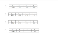 X
1
3
P(X)
1/14
2/14
3/14
1
2
P(X)
4/14
6/14
4/14
X
1
2
3
P(X)
2/14
6/14
6/14
X
1
2
3
P(X)
1
1.5
3.
