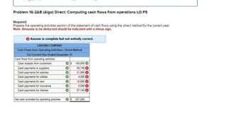 Problem 16-2AB (Algo) Direct: Computing cash flows from operations LO PS
Required:
Prepare the operating activities section of the statement of cash flows using the direct method for the current year.
Note: Amounts to be deducted should be indicated with a minus sign.
Answer is complete but not entirely correct.
LANSING COMPANY
Cash Flows from Operating Activities-Direct Method
For Current Year Ended December 31
Cash flows from operating activities
Cash receipts from customers
Cash payments to suppliers
Cash payments for salaries
Cash payments for utilities
Cash payments for rent
Cash payments for insurance
Cash payments for interest
Net cash provided by operating activities
140,800
O 58,740
O 31,000
4.000
000000
O
•
10,500 €
5,040
57,140
$ 307,080