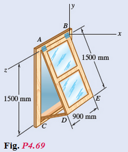 Chapter 4.3, Problem 69P, A 10-kg storm window measuring 9001500 mm is held by hinges at and B. In the position shown, it is 
