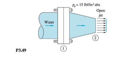 Chapter 3, Problem 3.49P, The horizontal nozzle in Fig. P3.49 has D1 = 12 in and D2= 6 in, with inlet pressure p1= 38 lbf/in2 