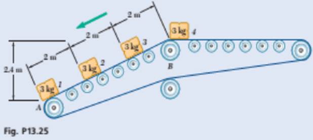 Chapter 13.1, Problem 13.25P, Four 3-kg packages are held in place by friction on a conveyor which is disengaged from its drive 