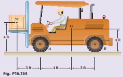 Chapter 16, Problem 16.154RP, The forklift truck shown weighs 2250 Ib and used to lift a crate of weight W=2500 Ib. The truck is 