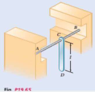 Chapter 19.2, Problem 19.65P, A 5-kg uniform rod CD of length l=0.7 m is welded at C to two elastic rods, which have fixed ends at 