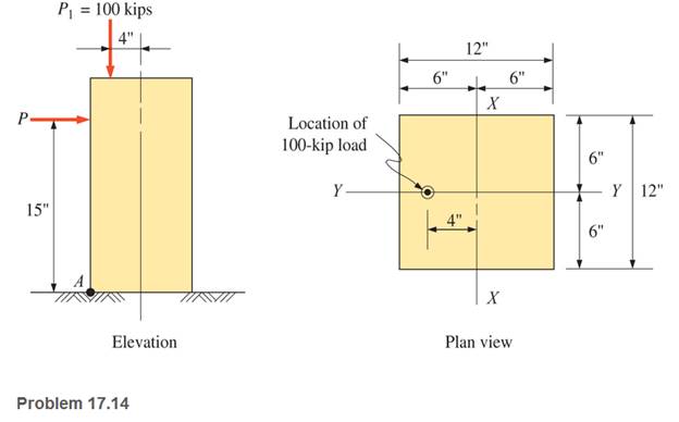 Chapter 17, Problem 17.14P, A 12-in-square concrete pedestal is subjected to a 100-kip vertical eccentric load applied on the 