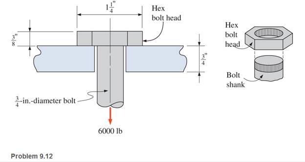 Chapter 9, Problem 9.12P, The 34 — in. — diameter bolt shown is subjected to a 6000-lb tensile load. The bolt passes through a 