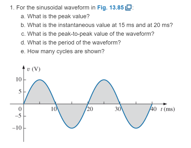 Chapter 13, Problem 1P, For the sinusoidal waveform in Fig. 13.85: a. What is the peak value? b. What is the instantaneous 