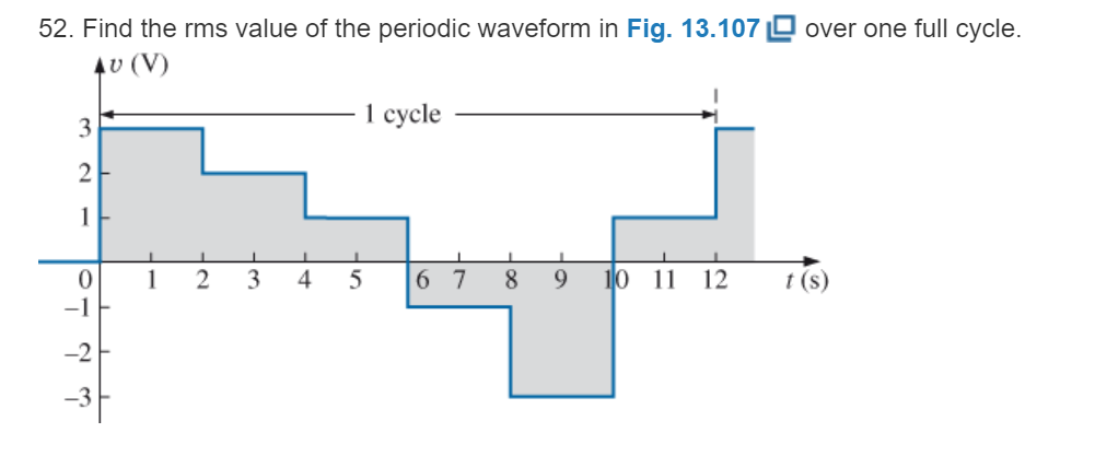 Chapter 13, Problem 52P, Find the rms value of the periodic waveform in Fig. 13.107 over one full cycle. 