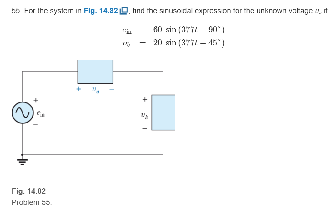 Chapter 14, Problem 55P, For the system in Fig. 14.82, find the sinusoidal expression for the unknown voltage Ua if 