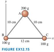 Chapter 12, Problem 15EAP, The three masses shown in FIGURE EXI2.15 are connected by massless, rigid rods. a. Find the 