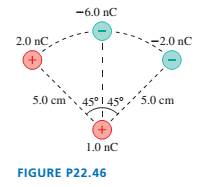 Chapter 22, Problem 46EAP, What is the force F on the 1.0 nC charge at the bottom in FIGURE P22.46? Give your answer in 