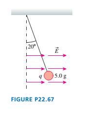 Chapter 22, Problem 67EAP, An electric field E = 100,000i N/C causes the 5.0 g point charge in FIGURE P22.67 to hang at a 20o 