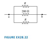 Chapter 28, Problem 22EAP, 22.  Two of the three resistors in FIGURE EX28.22 are unknown but equal. The total resistance 