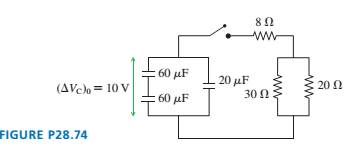 Chapter 28, Problem 74EAP, The capacitors in FIGURE P28.74 are charged and the switch closes at t=0 s. At what time has the 