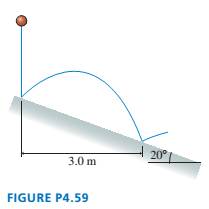 Chapter 4, Problem 59EAP, A rubber ball is dropped onto a ramp that is tilted at 20°, as shown in FIGURE P4.59. A bouncing 