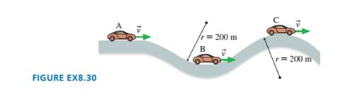 Chapter 8, Problem 30EAP, Three cars are driving at 25 m/s along the road shown in Figure Ex8.30. Car B is at the bottom of a 