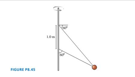 Chapter 8, Problem 45EAP, Two wires are tied to the 2.0 kg sphere shown in FIGURE P8.45. The sphere revolves in a horizontal 