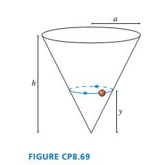Chapter 8, Problem 69EAP, A small bead slides around a horizontal circle at height y inside the cone shown in FIGURE CP8.69. 