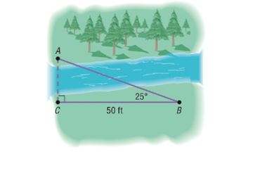Chapter 8, Problem 28RE, Finding the Width of a River Find the distance from A to C across the river illustrated in the 