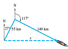 Chapter 2.5, Problem 20E, 
20. Distance Traveled by a Ship A ship travels 55 km on a bearing of 27° and then travels on a 