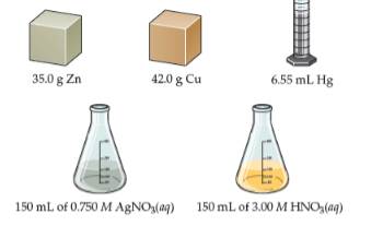 Chapter 13, Problem 57E, Consider the following reagents: zinc, copper, mercury (density 13.6 g/mL), silver nitrate solution, 