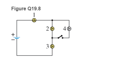 Chapter 19, Problem 8MCQ, Four identical bulbs are shown in the circuit in Figure Q19.8. With the switch open, bulbs 1, 2, and 