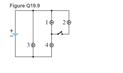 Chapter 19, Problem 9MCQ, Four identical bulbs are shown in the circuit in Figure Q19.9 with the switch open. How does the 