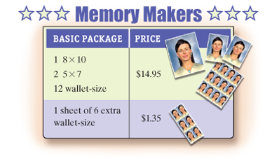 Chapter 1.3, Problem 19ES, School Photos. Memory Makers prices its school photos as shown here. The Morris family purchases the 