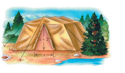 Chapter 4.8, Problem 65ES, b Solve. Tent Design. The triangular entrance to a tent is 2 ft taller than it is wide. The area of 