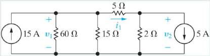 Chapter 4.2, Problem 1AP, a) For the circuit shown, use the node-voltage method to find v1, v2, and i1. b) How much power is 
