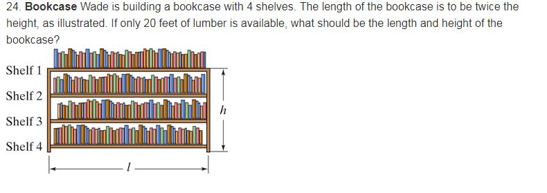 Chapter 3, Problem 24RE, Bookcase Wade is building a bookcase with 4 shelves. The length of the bookcase is to be twice the 