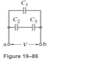 Chapter 19, Problem 88GP, In Fig. 19-86, let V= 10.0 V and C1=C2=C3=25.4 F. How much energy is stored in the capacitor network , example  2