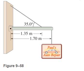 Chapter 9, Problem 18P, A shop sign weighing 215 N hangs from the end of a uniform 155-N beam as shown in Fig. 9-58. Find 