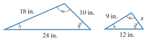 Chapter 10.2, Problem 11E, In Exercises 11-16, explain why the triangles are similar. Then find the missing length, x. 