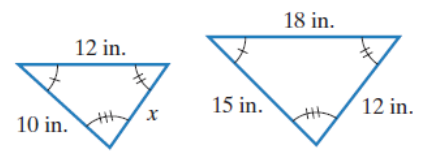 Chapter 10.2, Problem 12E, In Exercises 11-16, explain why the triangles are similar. Then find the missing length, x. 