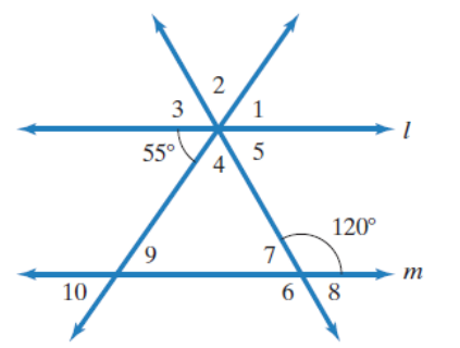 Chapter 10.2, Problem 9E, In Exercises 9-10, lines I and m are parallel. Find the measure of each numbered angle. 