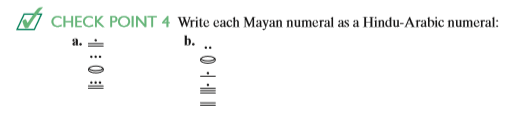 Chapter 4.1, Problem 4CP, CHECK POINT 4 Write each Mayan numeral as a Hindu-Arabic numeral: 