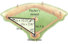Chapter 2, Problem 36RE, Solve each problem.
36.	A baseball diamond is a square with a side of 90 ft. The pitcher’s mound is 