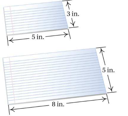 Chapter 1.2, Problem 7DE, Index Cards. Two standard sizes for index cards are 3 in. by 5 in. and 5 in. by 8 in. Find the 