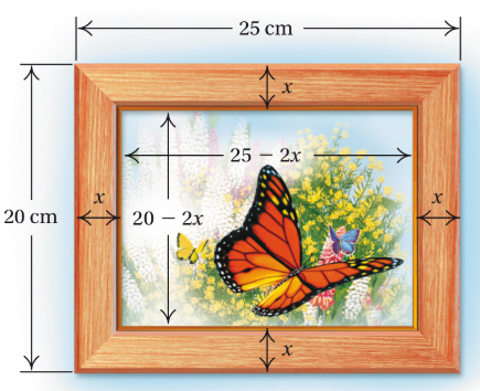Chapter 15.5, Problem 15ES, 15.	Picture Frame. A picture frame measures 25 cm by 20 cm. There is of picture showing. The frame 