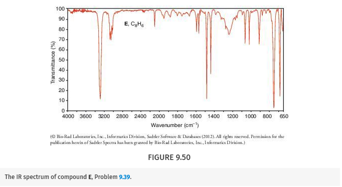 Chapter 9, Problem 39P, 9.39 Propose structures for compounds E and F. Compound E (C8H6) reacts with 2 molar equivalents of 