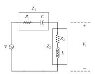 Chapter 5, Problem 22P, A sinusoidal voltage source V=110223.2V is applied to an circuit shown in fig. P5.22. where Z1=R1jXC 
