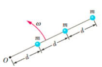 Chapter 11, Problem 37P, GO In Fig. 11-44, three particles of mass m = 23 g are fastened to three rods of length d = 12cm and 